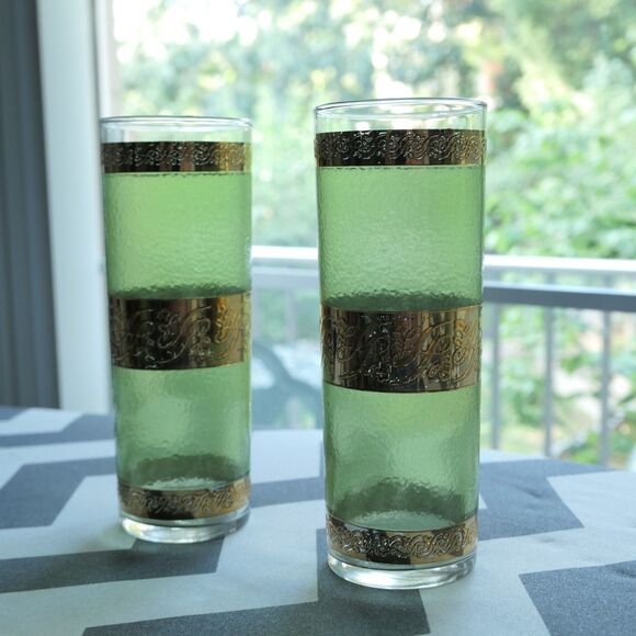 6 VTG 50s 60s MCM Culver Starlyte Glasses Green 22K Gold Filigree Tumblers VGUC - Picture 6 of 8